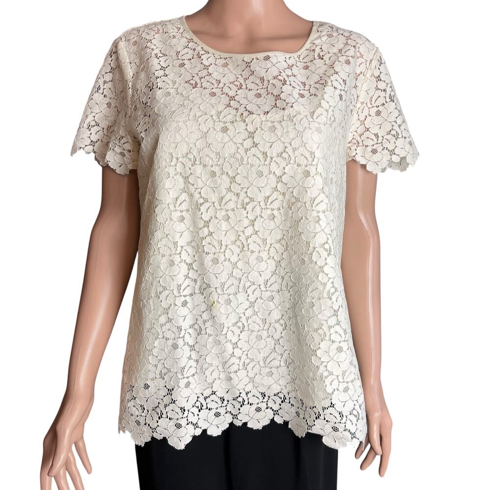 Adrianna Papell Ivory Lace Overlay Blouse XL Preppy Cottage Core Quiet Luxury
